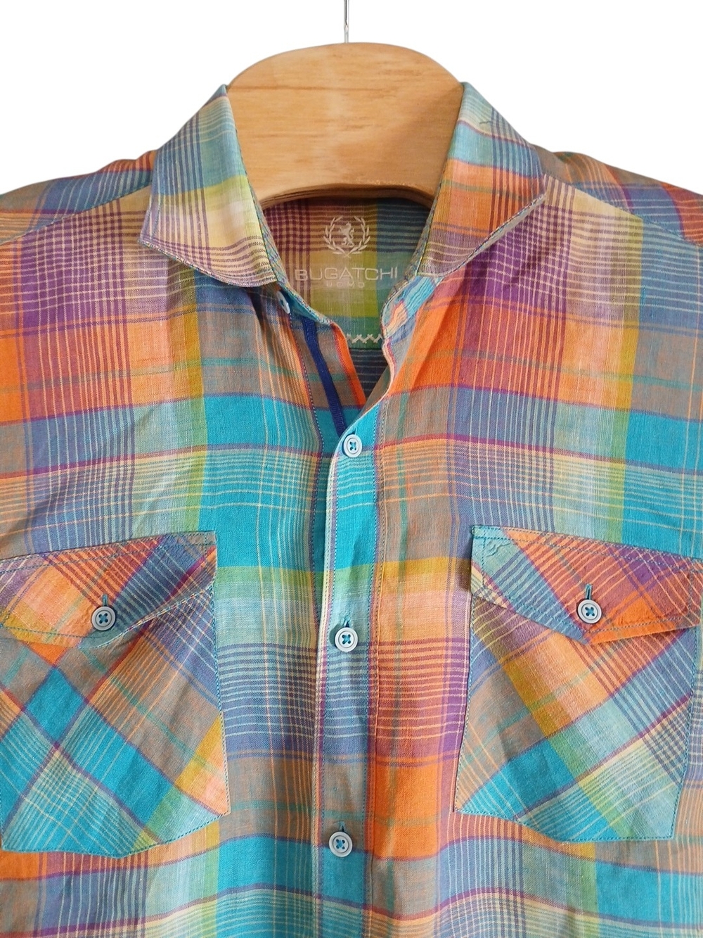 Bugatchi Uomo Shaped Fit Linen Blend Plaid Shirt Men’s XL Short Sleeve